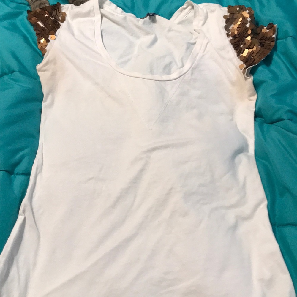 White tee with gold sequin sleeves